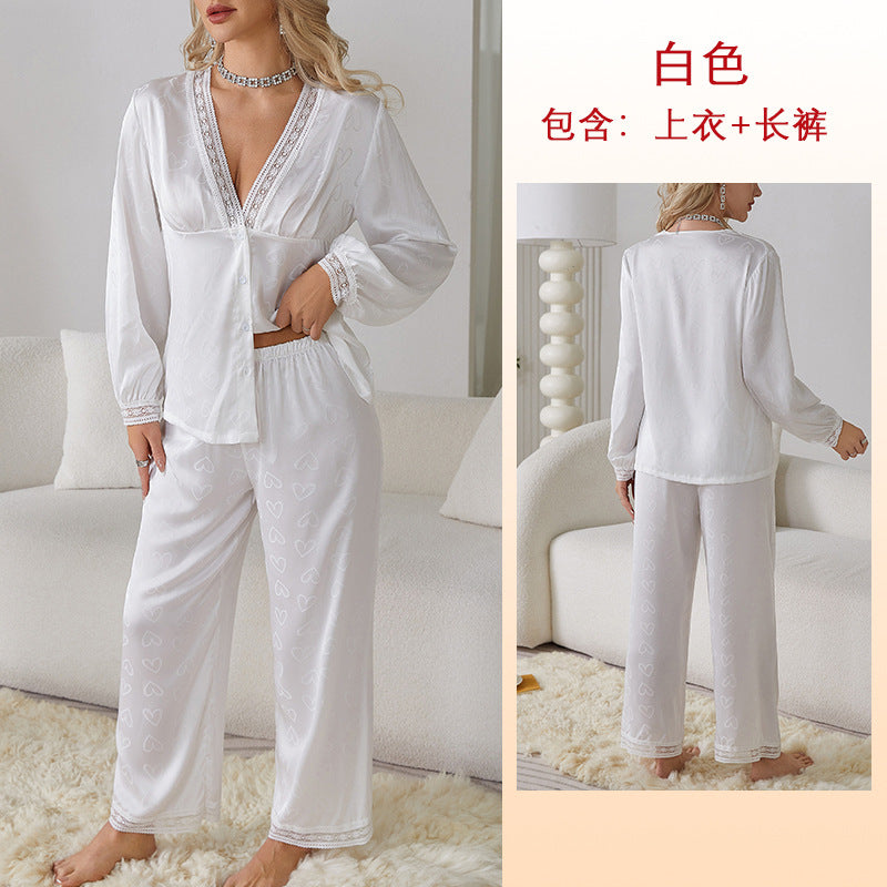 Long Sleeve Pajamas Sexy White Trousers Suit Two Piece Comfortable Satin Jacquard Home Wear