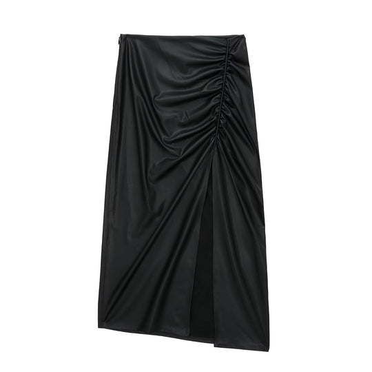 Women Clothing Minority Pleated Decorative Faux Leather Skirt