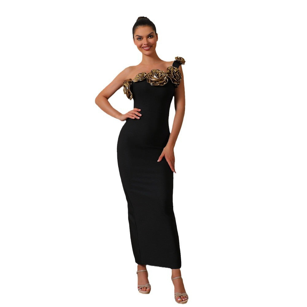 Design Three Dimensional Golden Floral Shoulder Sleeveless Bandage One Piece Dress Party Dinner Dress