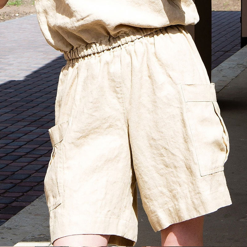 Pure Linen Casual Shorts Summer Women Washed Cotton Linen Overalls Elastic Waist Home Pants Outer Wear Fifth Pants