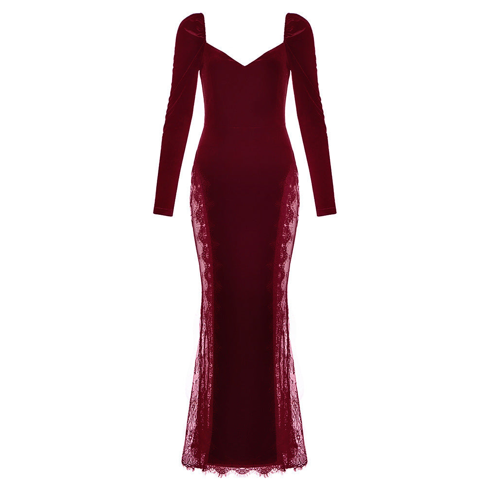 Winter Women Clothing Square Collar Lace Stitching See through Long Velvet Dinner Party Dress