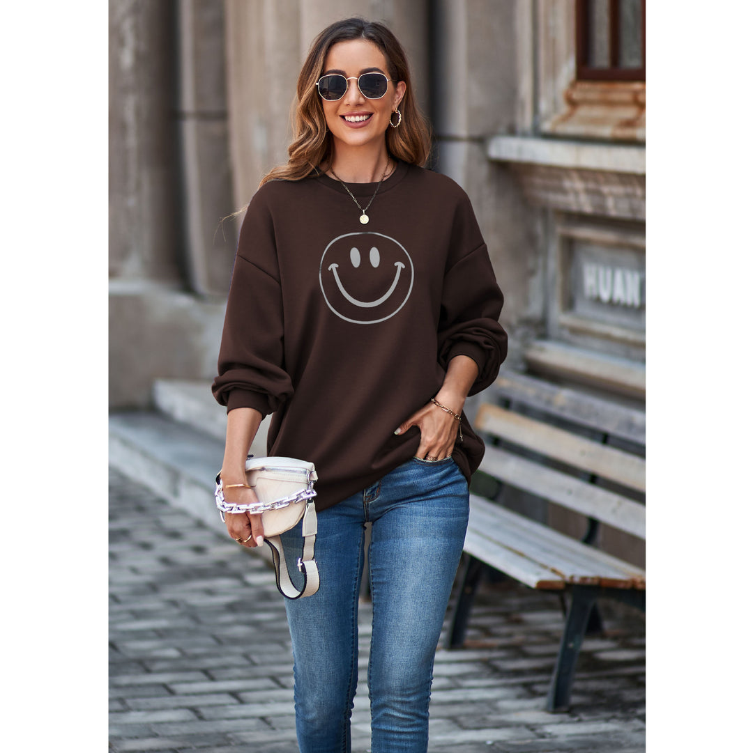 Autumn Winter Smiley Sweatshirt Round Neck Drop Shoulder Loose Pullover