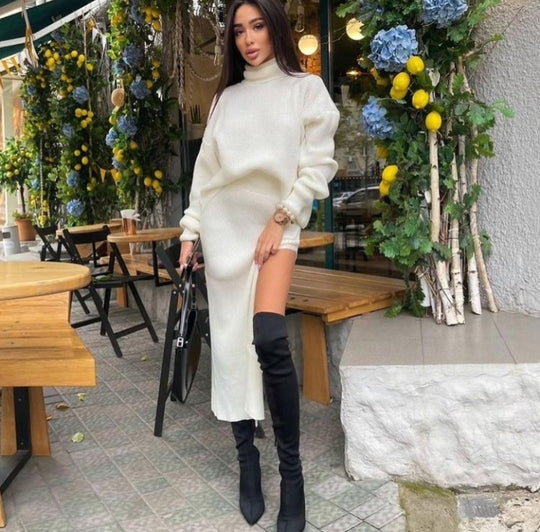 Turtleneck Loose Pullover Top Split Sexy Long Skirt Two-Piece Set Winter