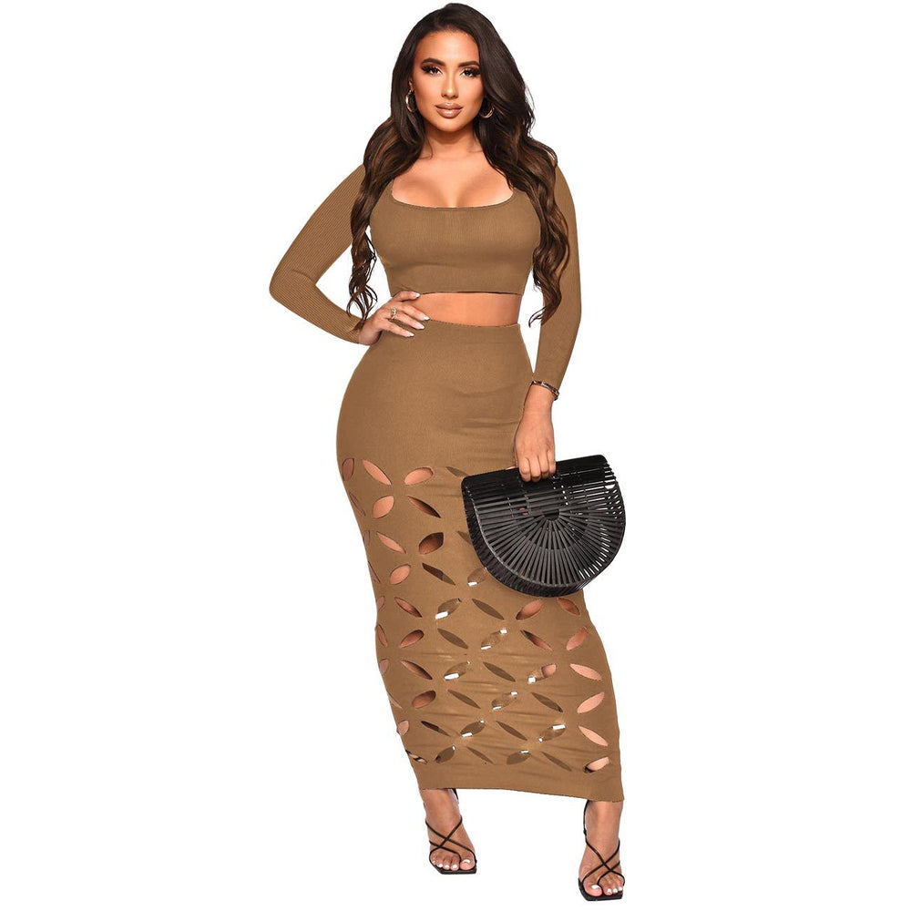 Women Clothing Thread Burning Square Collar High Waist Slim Fit Hollow Out Cutout Sexy Set