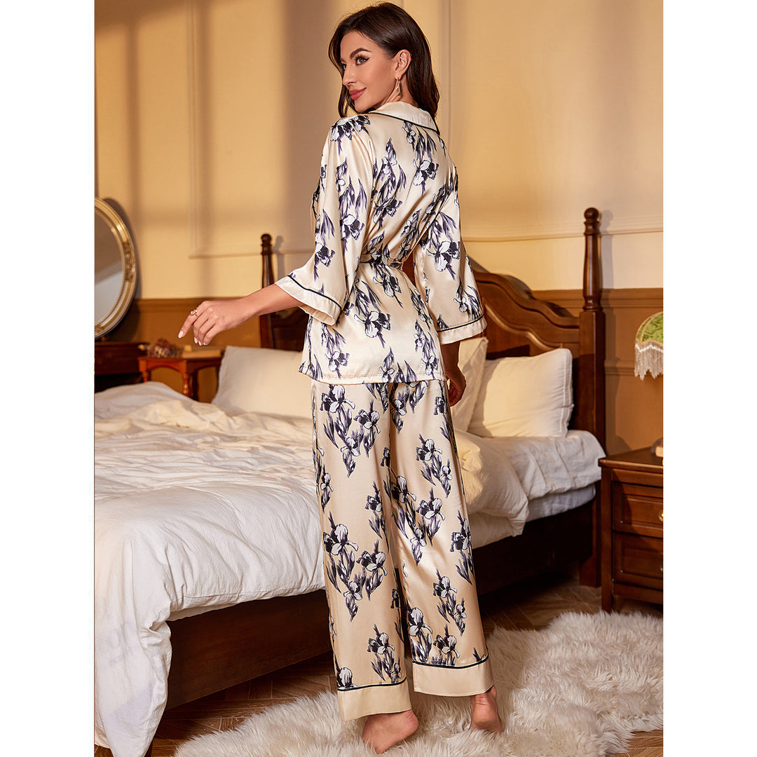 Pajamas Autumn Winter Women Artificial Silk French Cardigan Lace Up Nightgown Pajama Pants High Grade Home Wear Suit Women