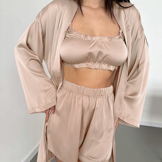 Silk like Three Piece Set Long Sleeve Nightgown Underwear Shorts Cool Hotel Pajamas Ladies Homewear