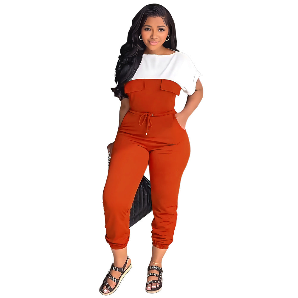 Slim Fit Waist Office Short Sleeve Color Matching Leggings Women Tapered Jumpsuit