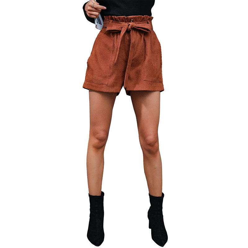 Summer Middle East Women Casual Solid Color Tied Corduroy Loose Shorts