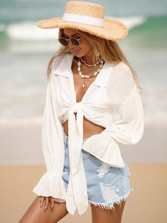 Beach Cover Up Sun Protection Front Lace Up Slub Cotton Shirt Long Sleeve Beach Sun Protection Shirt Women