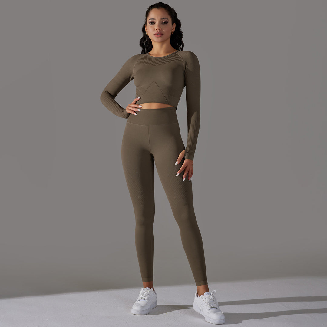 Seamless Knitted Solid Color Hip Long Sleeve Yoga Pants Suit Sports Running Fitness Clothes