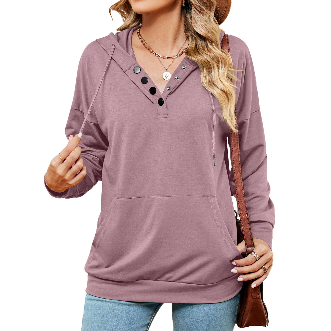 Autumn Winter Solid Color Buttons Drawstring Pocket Loose Long Sleeve Sweatershirt Women