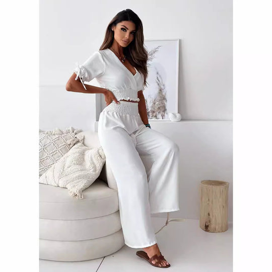 Women Clothing Women Clothing Solid Color Half Sleeve Trousers Suit