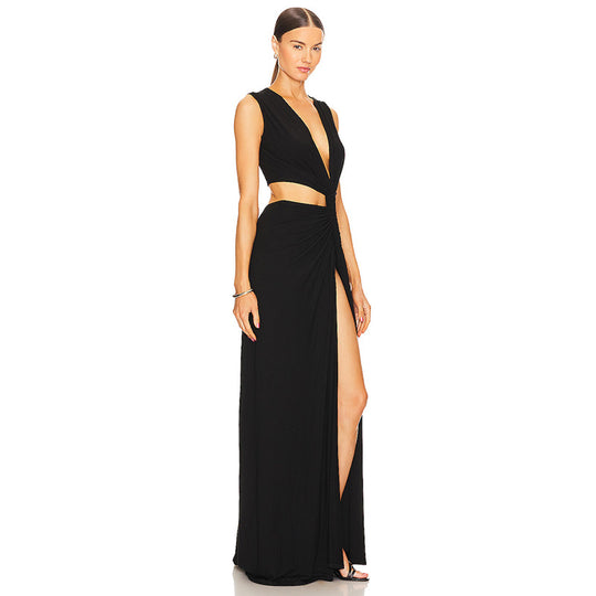 Women Summer Solid Color Sexy Deep V Plunge Hollow Out Cutout Out Slit Slim Fitting Maxi Dress