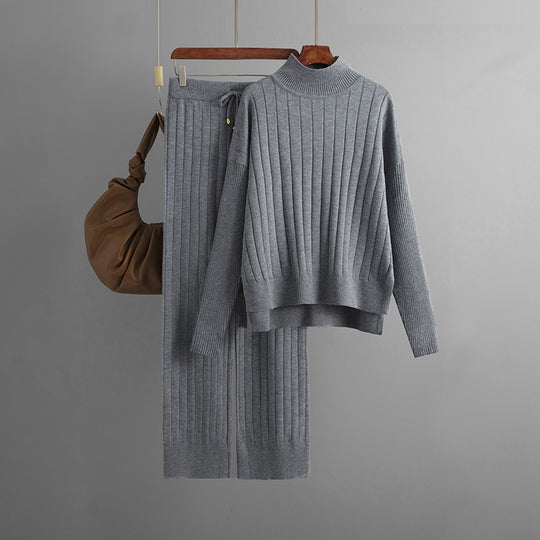 Women Clothing Autumn Winter Sunken Stripe Mock Neck Sweater Suit Solid Color Loose Warm Pullover Two Piece Set