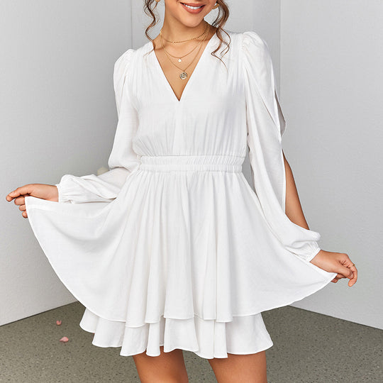 Double Layer Short Dress Sexy off Arm V neck Long Sleeve Pleated A line Dress