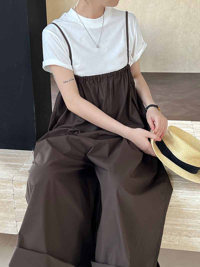 Flat Strap Women Summer Casual Loose All Matching Straight Flanging Wide Leg Suspender Pants