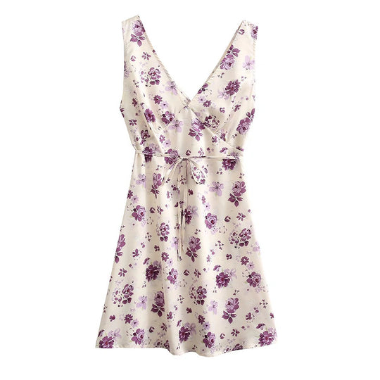 Summer Women Clothing V-neck Printed Waist-Controlled Slimming Sleeveless Dress Short