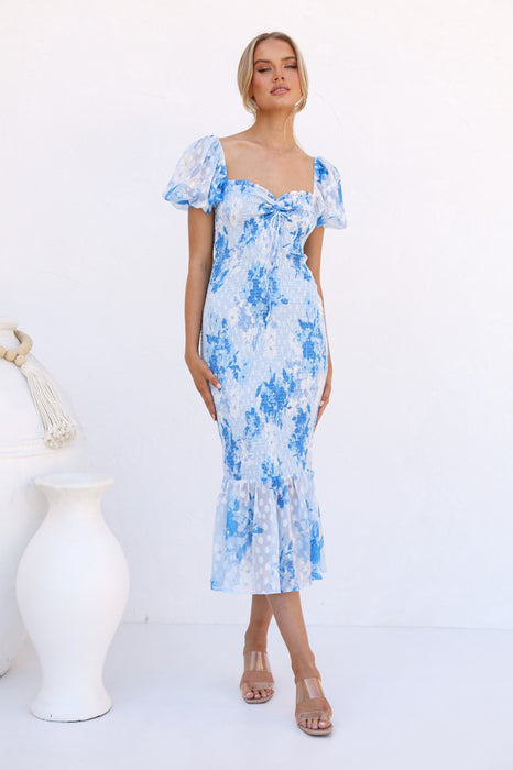 Summer Elegant Sexy Printed Puff Sleeve Backless Fishtail Dress for Women