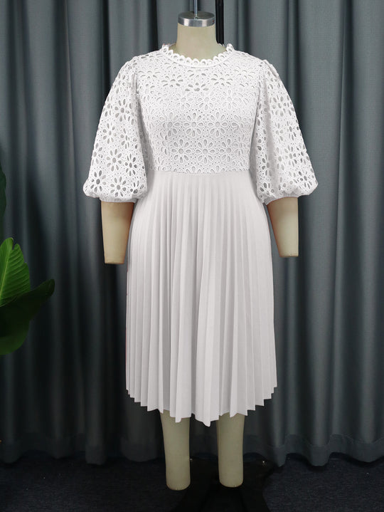 Lace Lantern Sleeve Dress Elegant Office Pleated Dresses