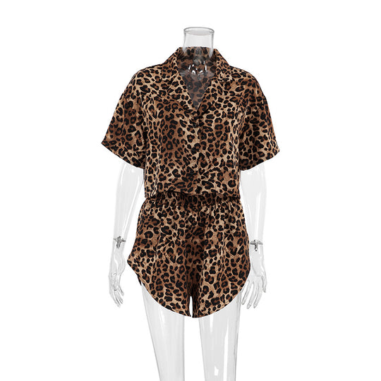 Summer Polyester Short Short Sleeved Shorts Leopard Print Two Piece Set Ladies Homewear Soft Casual Breathable