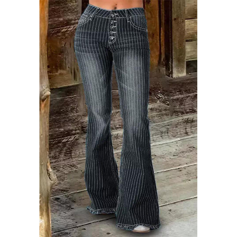 Women Clothing Mid Waist Stripes Bell Bottom Pants Jeans