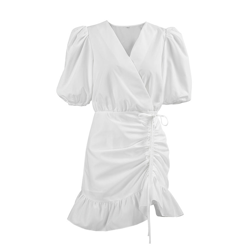 French Sexy V neck Puff Sleeve Drawstring High Waist Dress Summer White