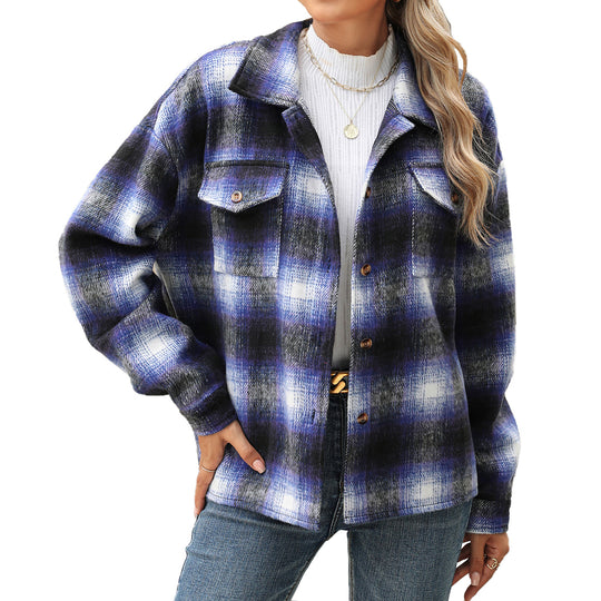 Autumn Winter Polo Collar Plaid Long Sleeve Loose Coat Women