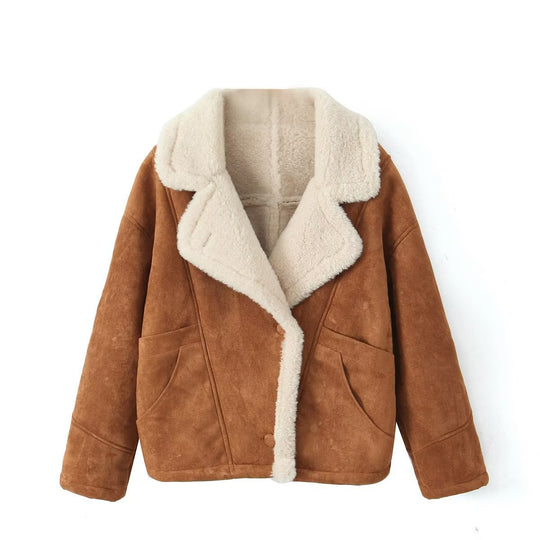 Women Clothing Autumn Winter Retro Lamb Wool Collared Loose Casual Warm Jacket