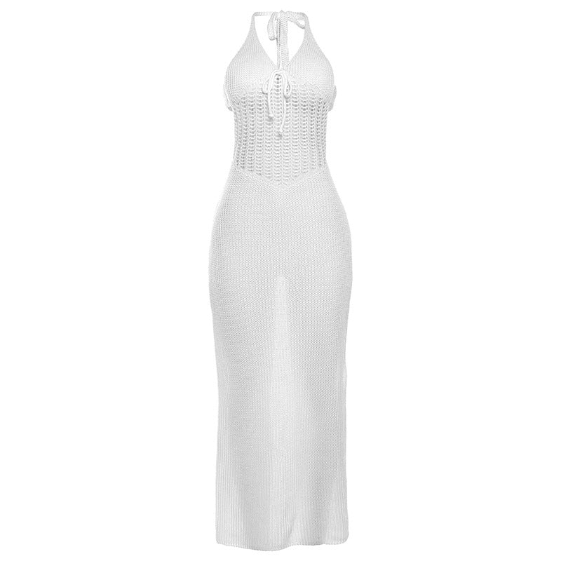 Spring Women Clothing Halter Sexy Low Cut Backless Knitted Hollow Out Cutout Out See Through Dress