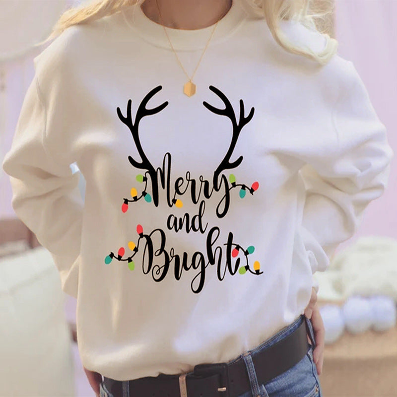 Fall Women Clothing White Long Sleeve Loose Christmas Graphic Print Crew Neck Sweater