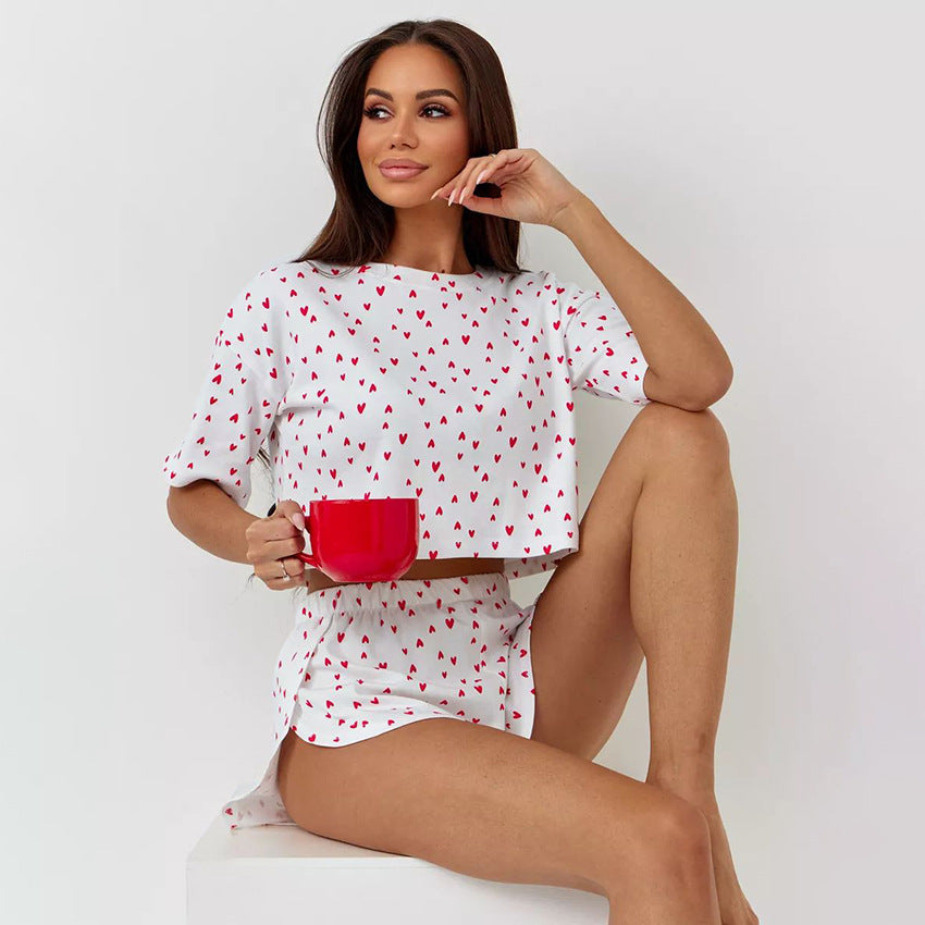 Summer Breathable Stretch Knitted Heart Printing round Neck Pajamas Two Piece Set Soft Comfortable Ladies Homewear