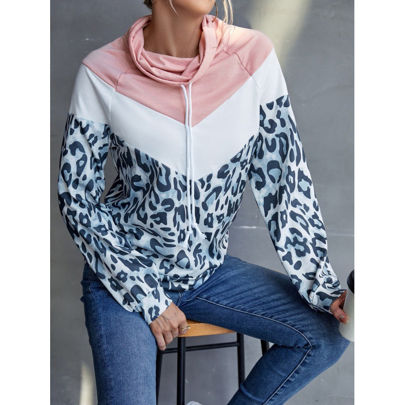 Leopard Print Contrast Color Splicing Pullover Hooded Sweater Casual Multicolor T-shirt Top for Women