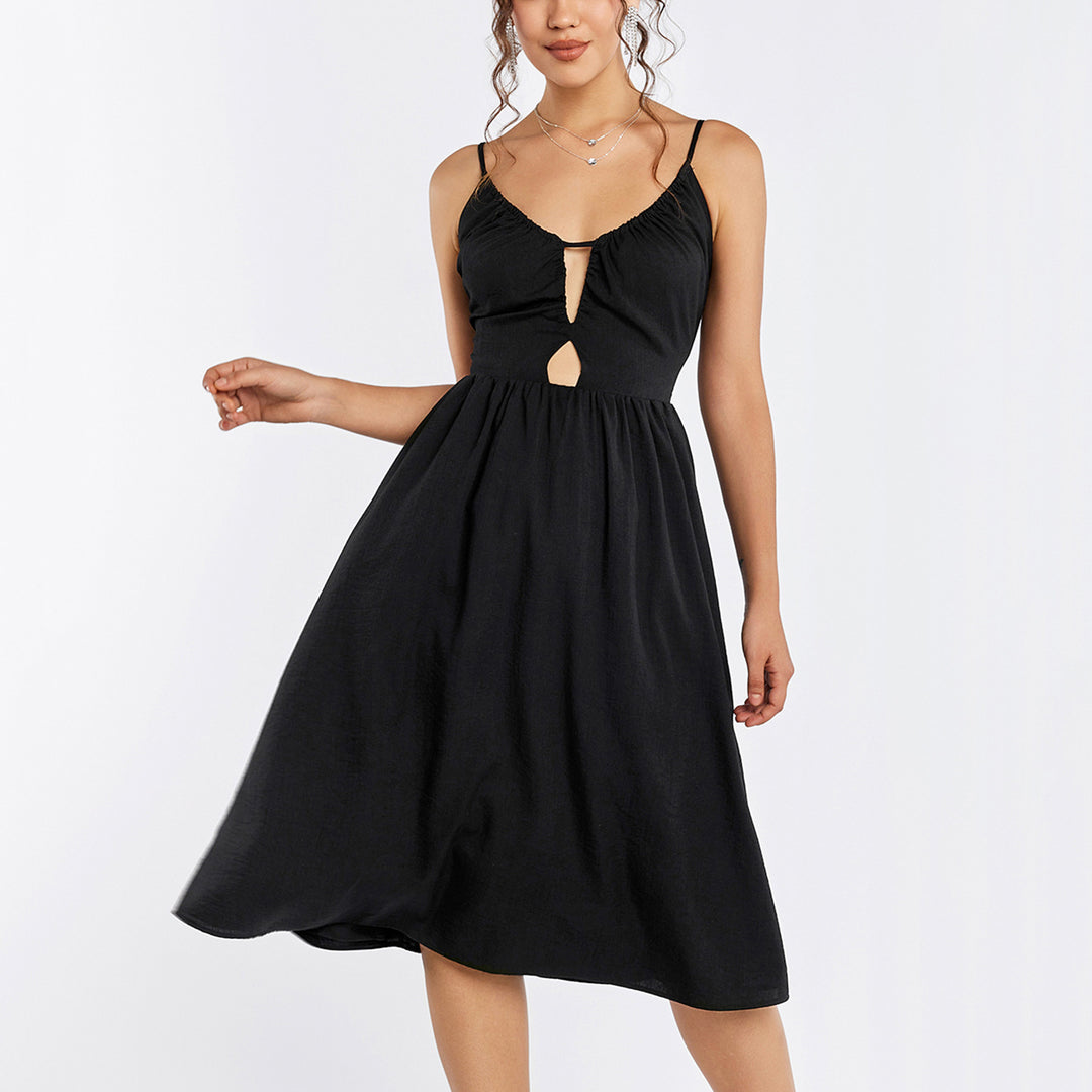 Sling Swing Dress Sexy Hollow Out Cutout Backless U Neck Pleated A line Midi Dress