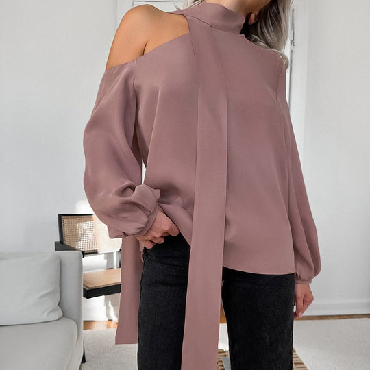 Satin Irregular Asymmetric Collar Sexy Strapless Long Sleeve Shirt Autumn Design Top