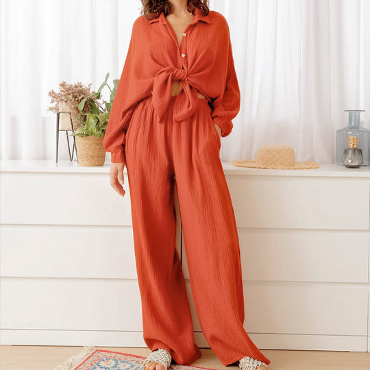 Autumn Cardigan Shirt Long Sleeve Pajamas Two Piece Cotton Orange Loose Ladies Homewear