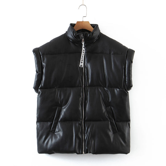 Women Autumn Winter Clothing Black with High Collar Sleeveless Bread Coat Faux Leather Vest Cotton Vest