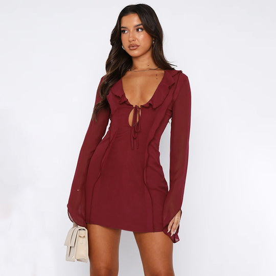 Autumn Hip Sexy Slim Fit Ruffled Long Sleeve Tied Dress for Women