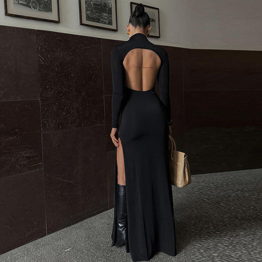 Spring Women Long Sleeve High Neck Sexy Backless Slit Maxi Dress Dress