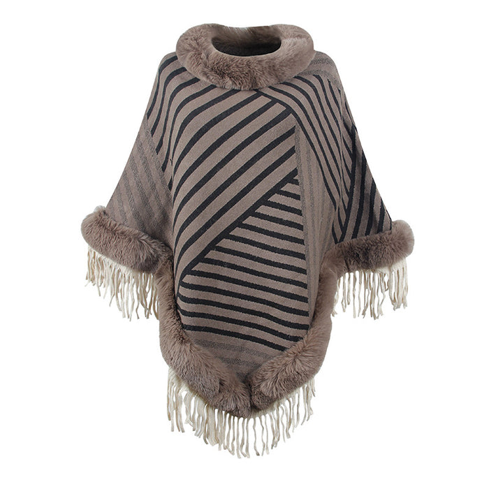 Fur Collar Pullover Tassel Knitted Cape for Women Autumn Winter Stripe Warm Shawl