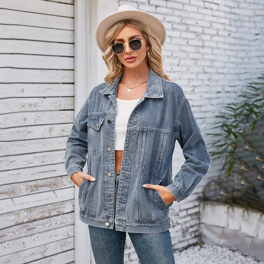 Women Clothing Washed Loose Denim Jacket Mid Length Jacket