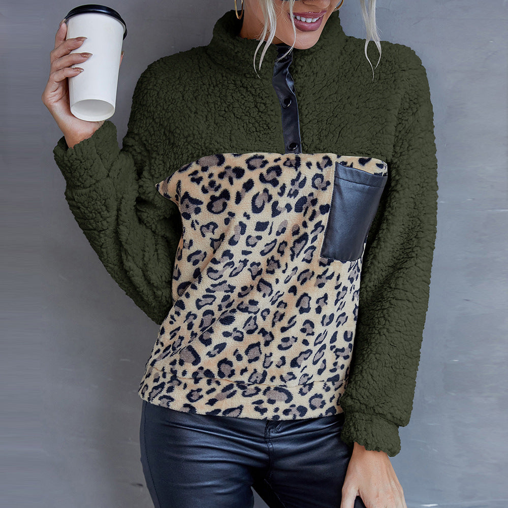 Fluffy Leopard Color Matching Casual Sweater Lamb Fur Faux Leather Patchwork Top Coat Women