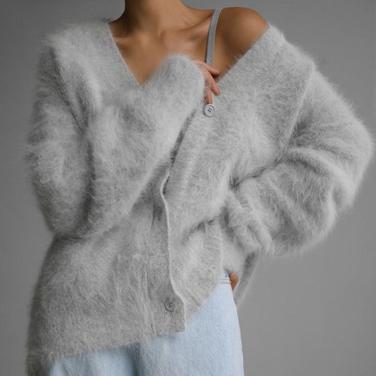 Idle Knitted Cardigan Women Fall Winter V Neck Loose Mink Like Sweater Coat Sweater