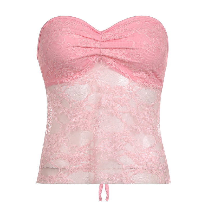 Fresh Sexy Lace See through Sweet Girl Girl Bow Tube Top Sexy Backless Outer Wear Bottoming Top