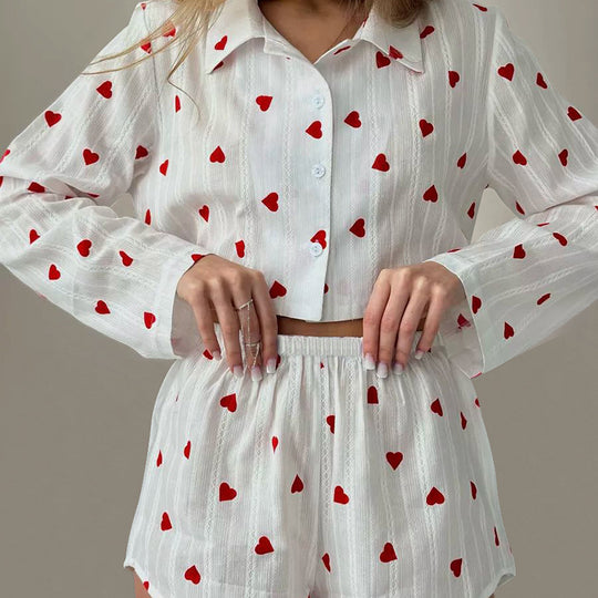 Summer Sweet Loving Heart Jacquard Cropped Long Sleeve Shorts Two Piece Cotton Pajamas Women