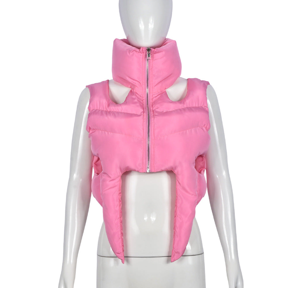 Cotton Padded Coat Stand Collar Zipper Sleeveless Cotton Filled Short Shipment Coat for Women