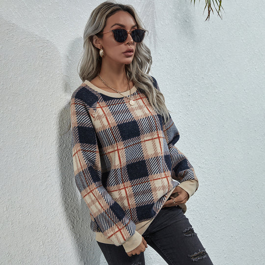 Spring Autumn Women Clothing round Neck Pullover Plaid Casual Women Sweater Fleece Shirt