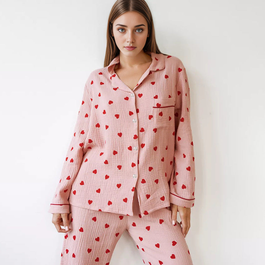 Spring Heart Printing Pink Sweet Pure Cotton Long Sleeve Top Long Pants Pajamas Suit Homewear Women