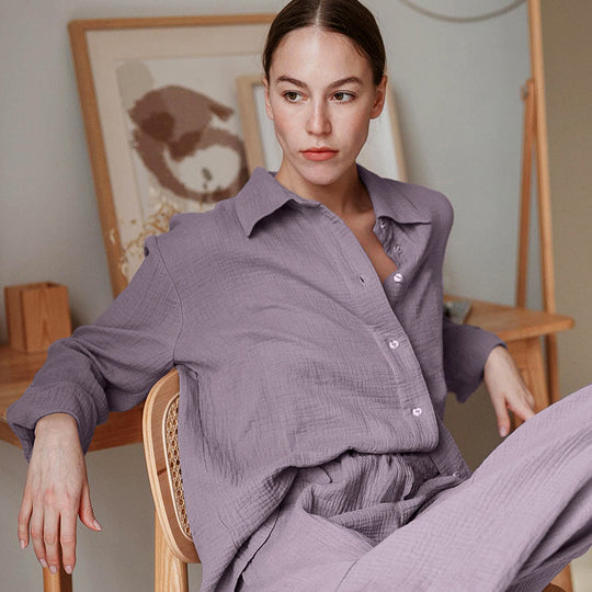 Autumn Double Layer Gauze Long Sleeved Pajamas Simple Shirt Loose Ladies Homewear Can Be Worn outside