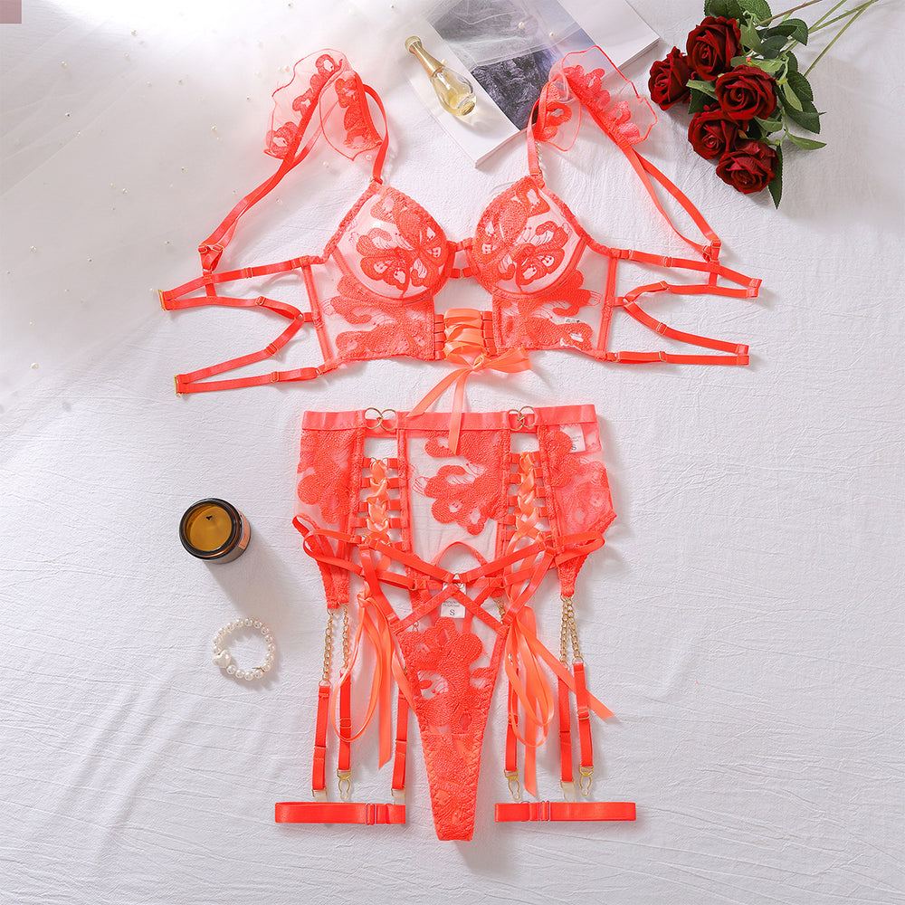 Sexy Lingerie Four Piece Set Embroidery See through Ultra Thin Bra Flying Shoulder Lace up Cutout Body Shaping Sexy Set Women