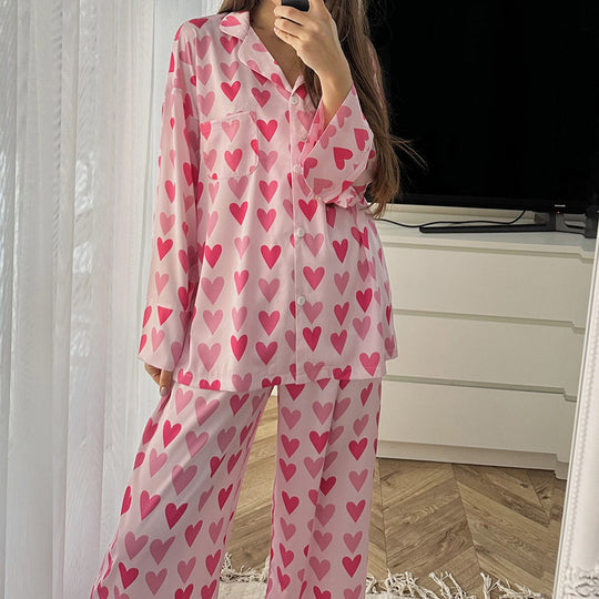 Summer Satin Heart Printing Cardigan Long Sleeve Pants Pajamas Two Piece Set Loose Skin-Friendly Ladies Homewear